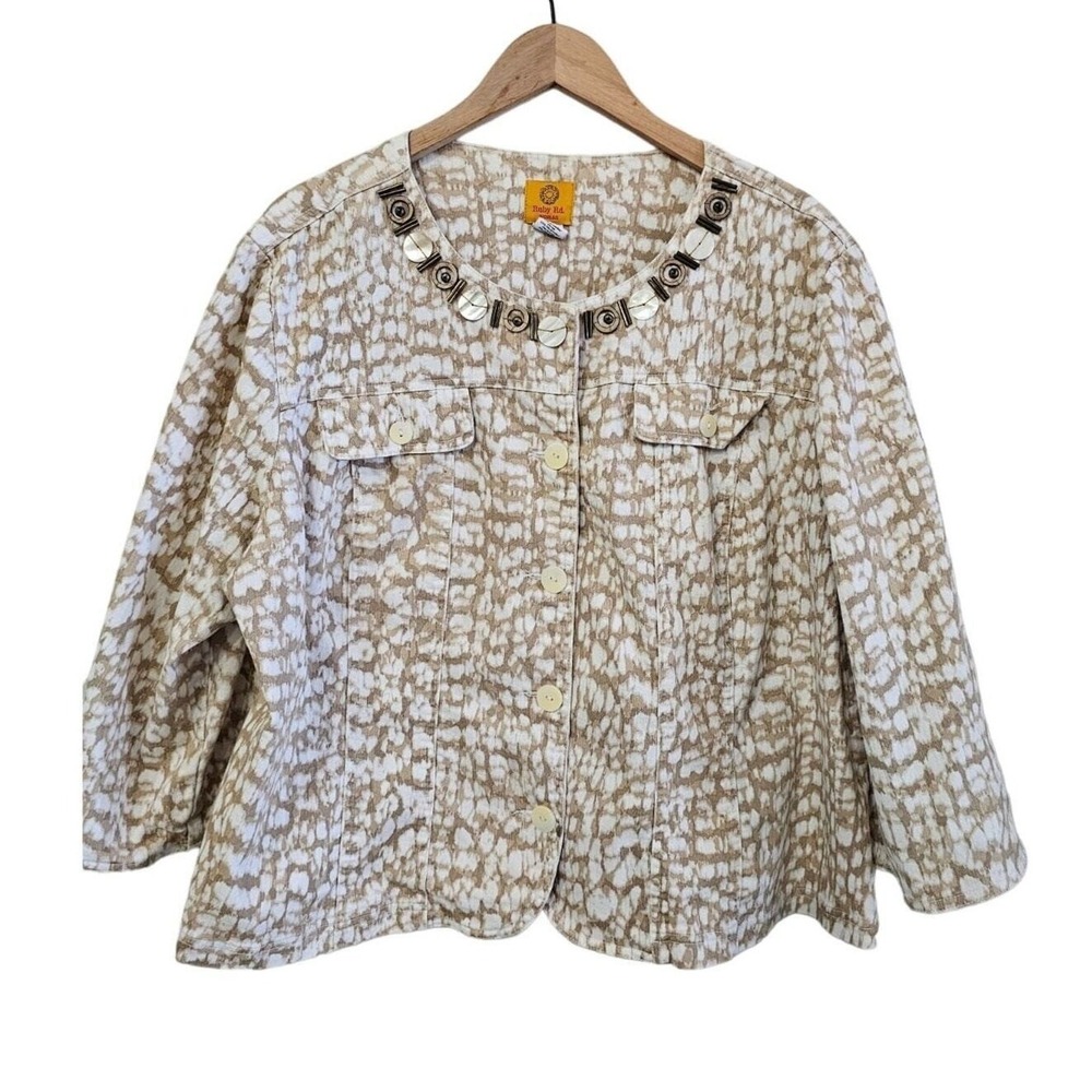 Ruby Rd Gold Beaded Blazer Jacket Womens Sz 20W 3/4 Sleeve Neutral Career Office